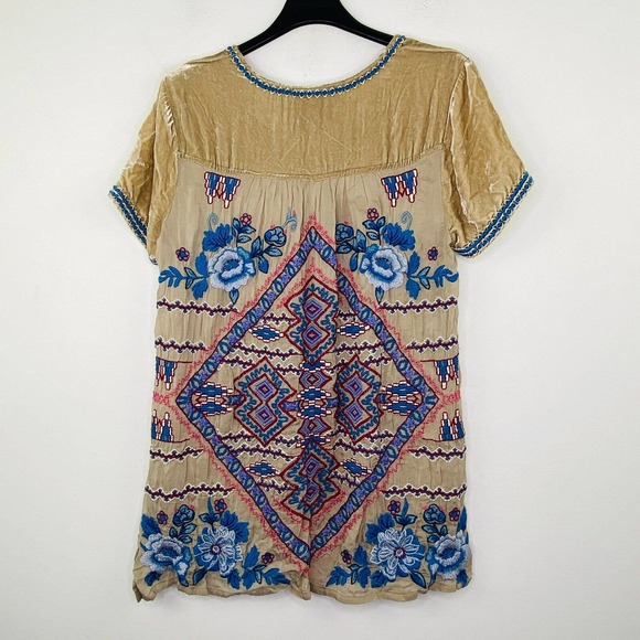 Johnny Was Womens XS Shirt Beige Blue Floral Aztec Embroidered Velvet Tunic AY16 - Picture 5 of 5